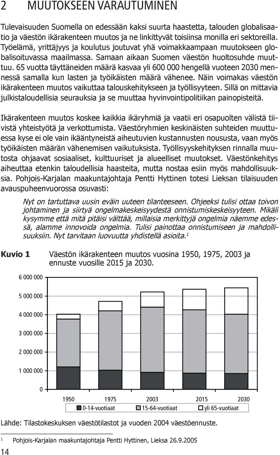 65 vuotta täyttäneiden määrä kasvaa yli 600 000 hengellä vuoteen 2030 mennessä samalla kun lasten ja työikäisten määrä vähenee.