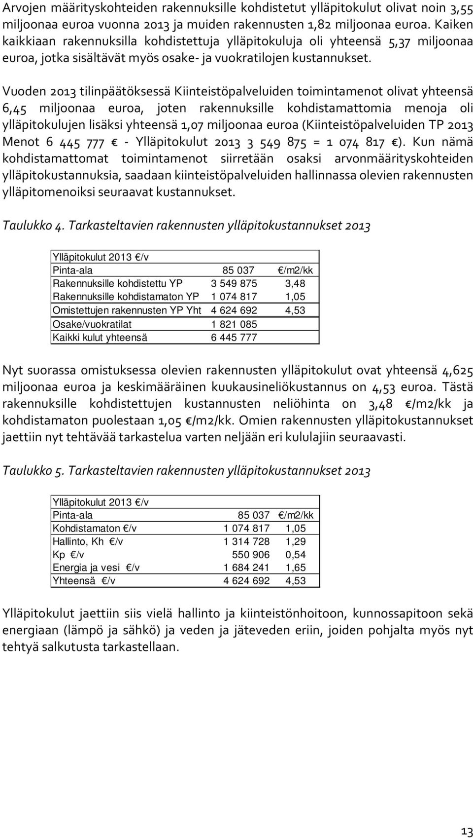 Vuoden 2013 tilinpäätöksessä Kiinteistöpalveluiden toimintamenot olivat yhteensä 6,45 miljoonaa euroa, joten rakennuksille kohdistamattomia menoja oli ylläpitokulujen lisäksi yhteensä 1,07 miljoonaa