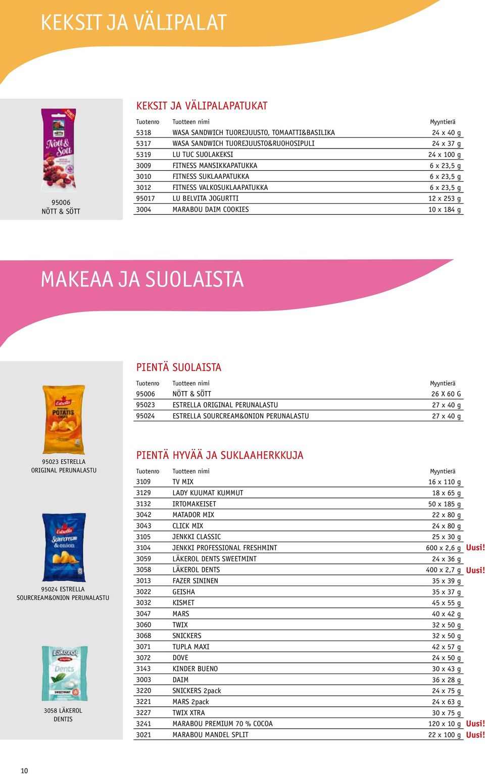 184 g MAKEAA JA SUOLAISTA Pientä suolaista 95006 Nött & Sött 26 x 60 g 95023 Estrella Original Perunalastu 27 x 40 g 95024 Estrella Sourcream&Onion Perunalastu 27 x 40 g 95023 Estrella Original