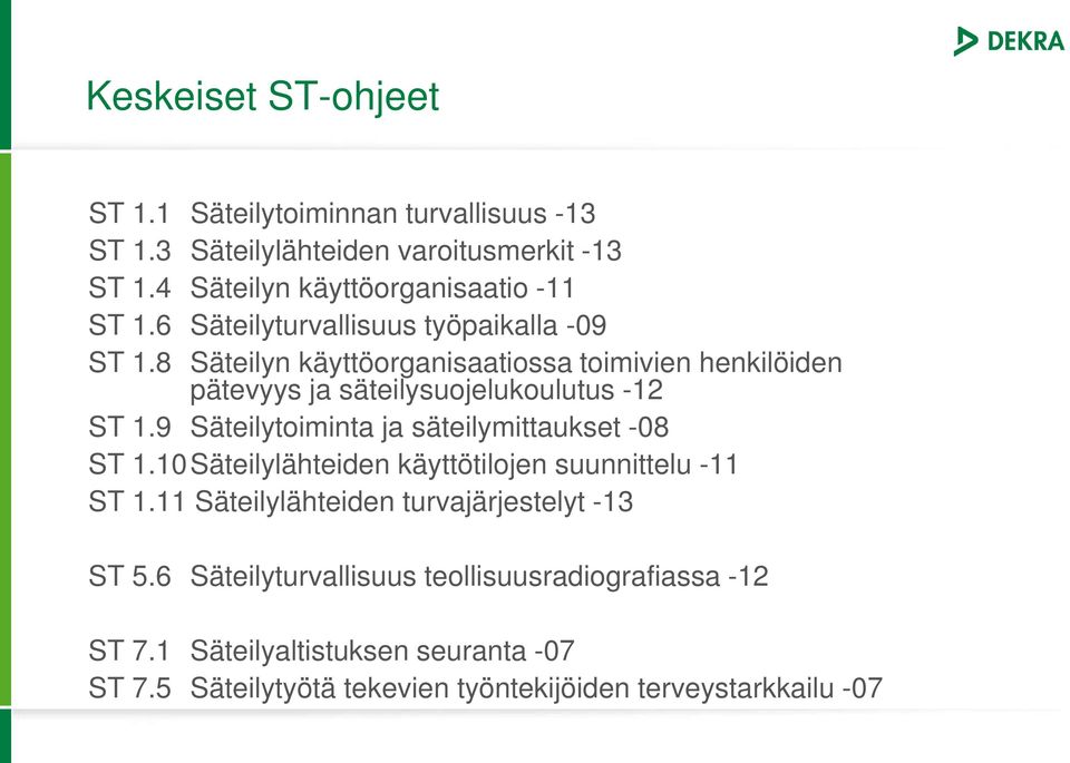 9 Säteilytoiminta ja säteilymittaukset -08 ST 1.10 Säteilylähteiden käyttötilojen suunnittelu -11 ST 1.11 Säteilylähteiden turvajärjestelyt -13 ST 5.