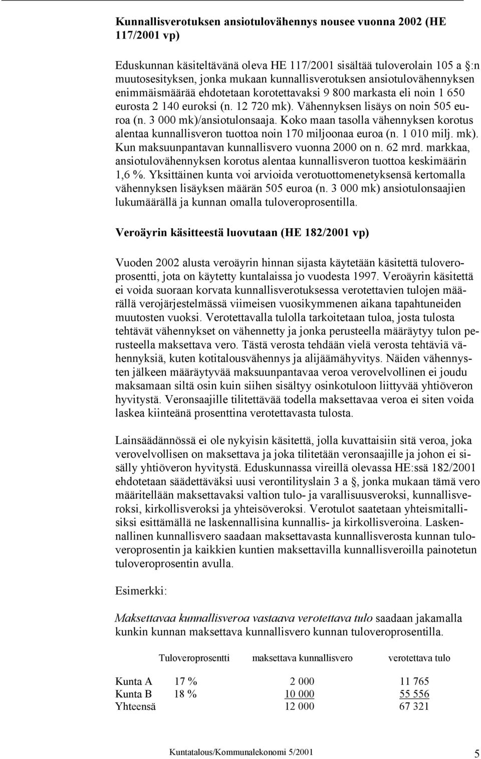 Koko maan tasolla vähennyksen korotus alentaa kunnallisveron tuottoa noin 170 miljoonaa euroa (n. 1 010 milj. mk). Kun maksuunpantavan kunnallisvero vuonna 2000 on n. 62 mrd.