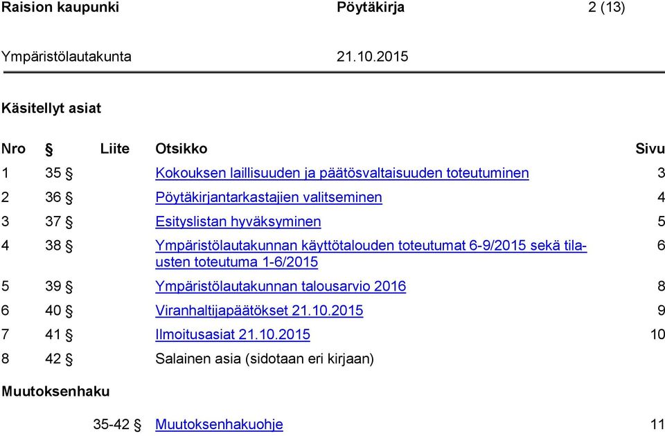 käyttötalouden toteutumat 6-9/2015 sekä tilausten toteutuma 1-6/2015 5 39 Ympäristölautakunnan talousarvio 2016 8 6 40