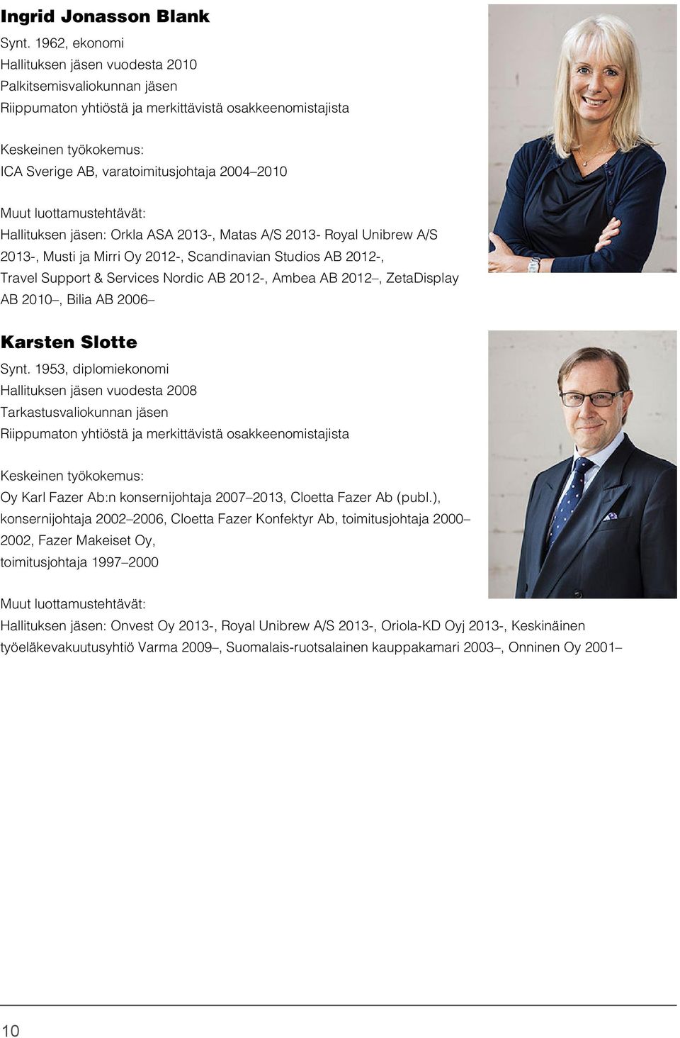 luottamustehtävät: Hallituksen jäsen: Orkla ASA 2013-, Matas A/S 2013- Royal Unibrew A/S 2013-, Musti ja Mirri Oy 2012-, Scandinavian Studios AB 2012-, Travel Support & Services Nordic AB 2012-,