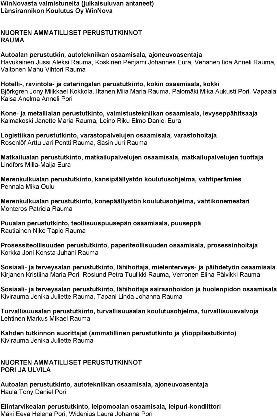 Björkgren Jony Miikkael Kokkola, Iltanen Miia Maria Rauma, Palomäki Mika Aukusti Pori, Vapaala Kaisa Anelma Anneli Pori Kone- ja metallialan perustutkinto, valmistustekniikan osaamisala,