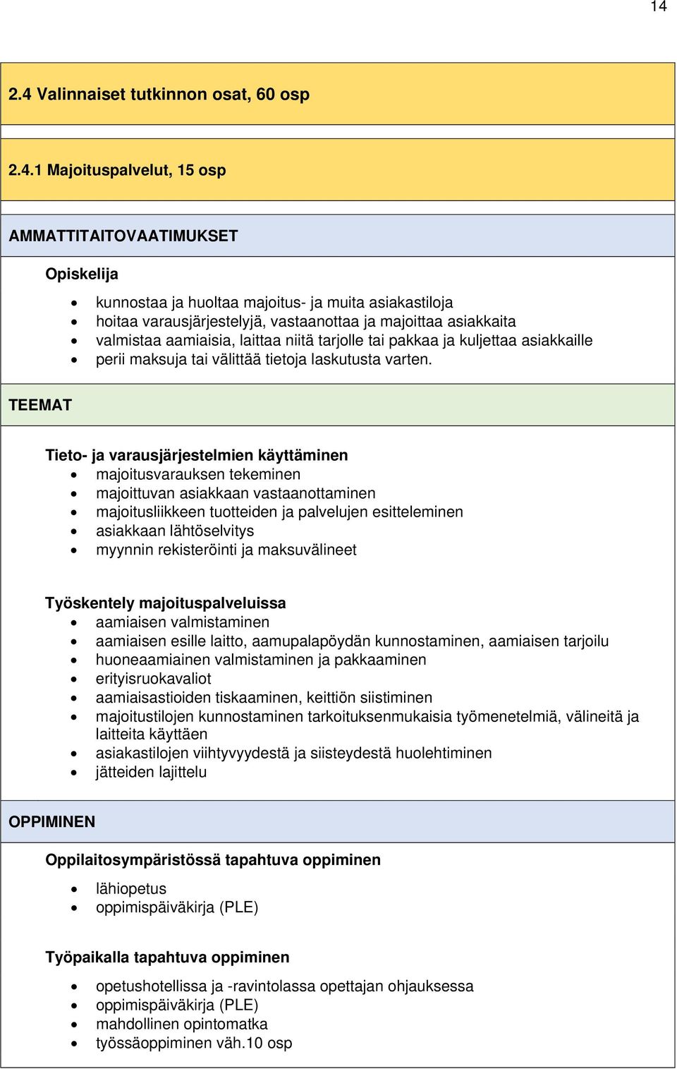 TEEMAT Tieto- ja varausjärjestelmien käyttäminen majoitusvarauksen tekeminen majoittuvan asiakkaan vastaanottaminen majoitusliikkeen tuotteiden ja palvelujen esitteleminen asiakkaan lähtöselvitys