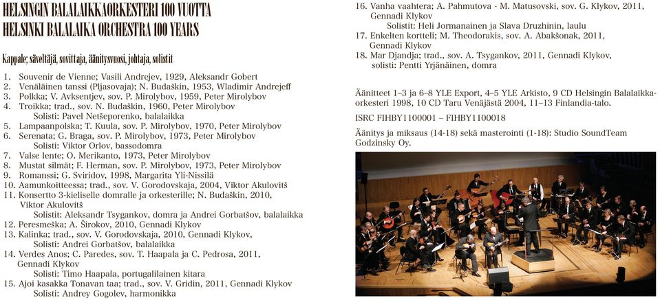 Troikka; trad., sov. N. Budaškin, 1960, Peter Mirolybov Solisti: Pavel Netšeporenko, balalaikka 5. Lampaanpolska; T. Kuula, sov. P. Mirolybov, 1970, Peter Mirolybov 6. Serenata; G. Braga, sov. P. Mirolybov, 1973, Peter Mirolybov Solisti: Viktor Orlov, bassodomra 7.