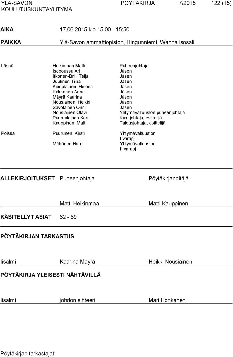 Kekkonen Anne Mäyrä Kaarina Nousiainen Heikki Savolainen Onni Nousiainen Olavi Yhtymävaltuuston puheenjohtaja Puumalainen Kari Ky:n johtaja, esittelijä Kauppinen Matti Talousjohtaja,