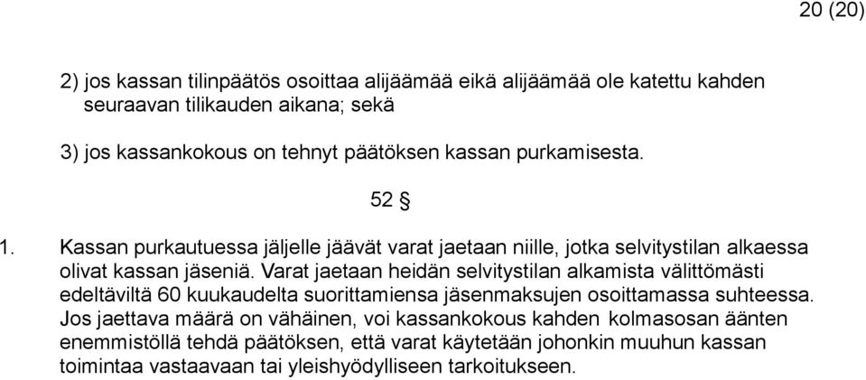 Varat jaetaan heidän selvitystilan alkamista välittömästi edeltäviltä 60 kuukaudelta suorittamiensa jäsenmaksujen osoittamassa suhteessa.