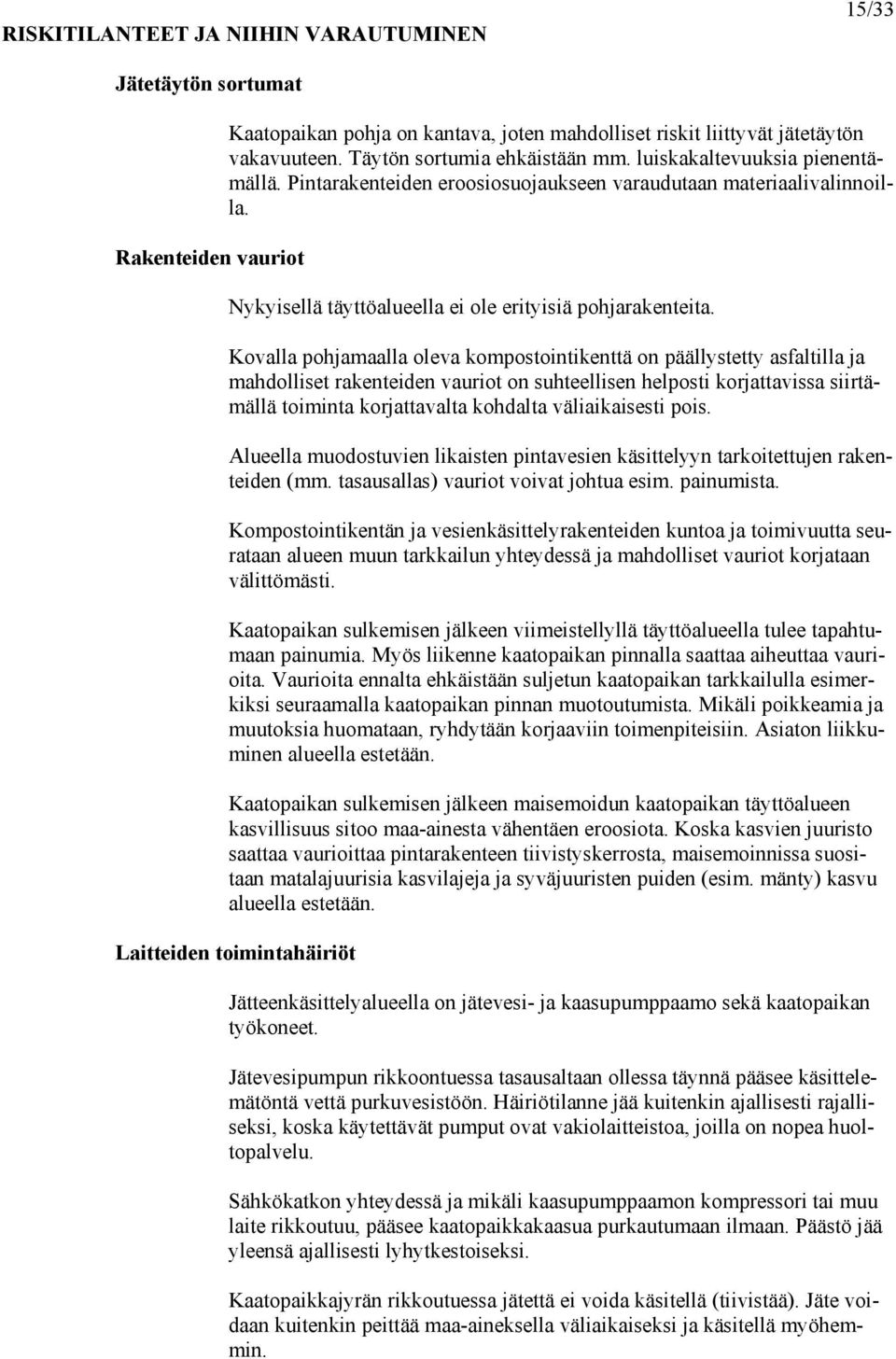Kovalla pohjamaalla oleva kompostointikenttä on päällystetty asfaltilla ja mahdolliset rakenteiden vauriot on suhteellisen helposti korjattavissa siirtämällä toiminta korjattavalta kohdalta