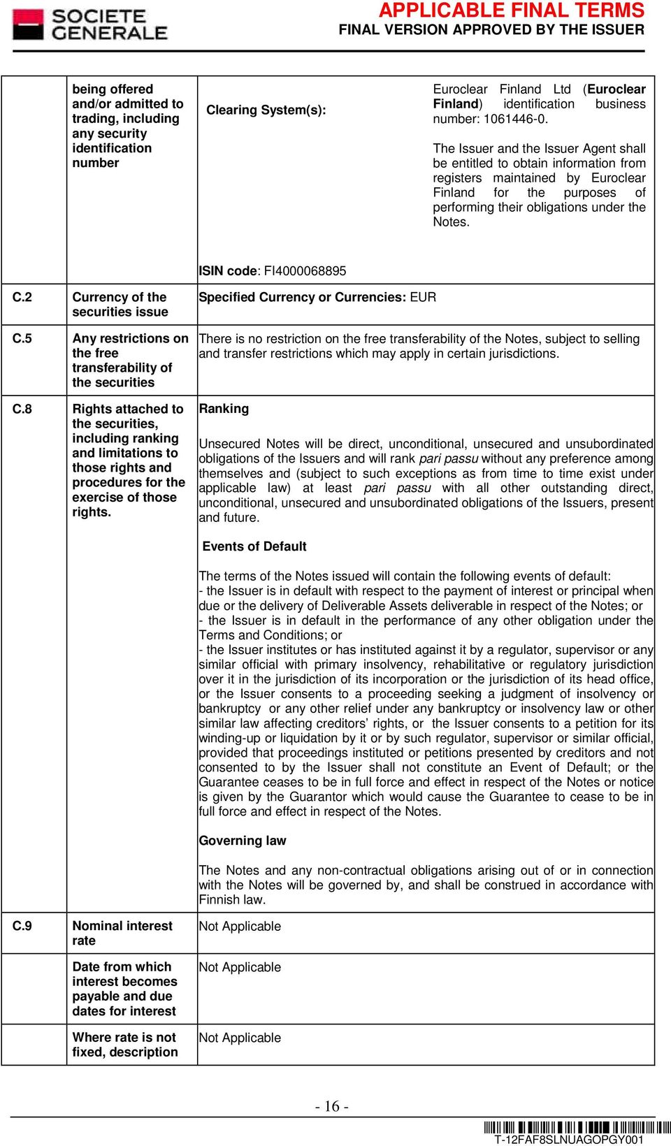 ISIN code: FI4000068895 C.2 Currency of the securities issue C.5 Any restrictions on the free transferability of the securities C.