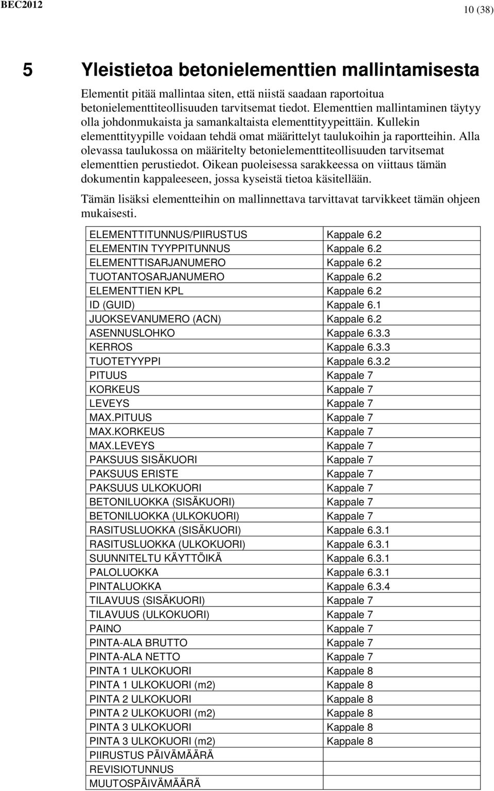 Alla olevassa taulukossa on määritelty betonielementtiteollisuuden tarvitsemat elementtien perustiedot.