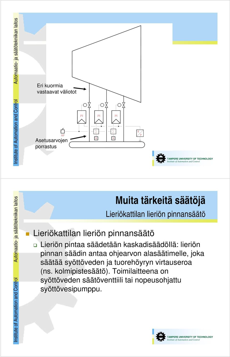 Lieriön pintaa säädetään kaskadisäädöilä: lieriön pinnan säädin antaa ohjearvon alasäätimelle, joka säätää