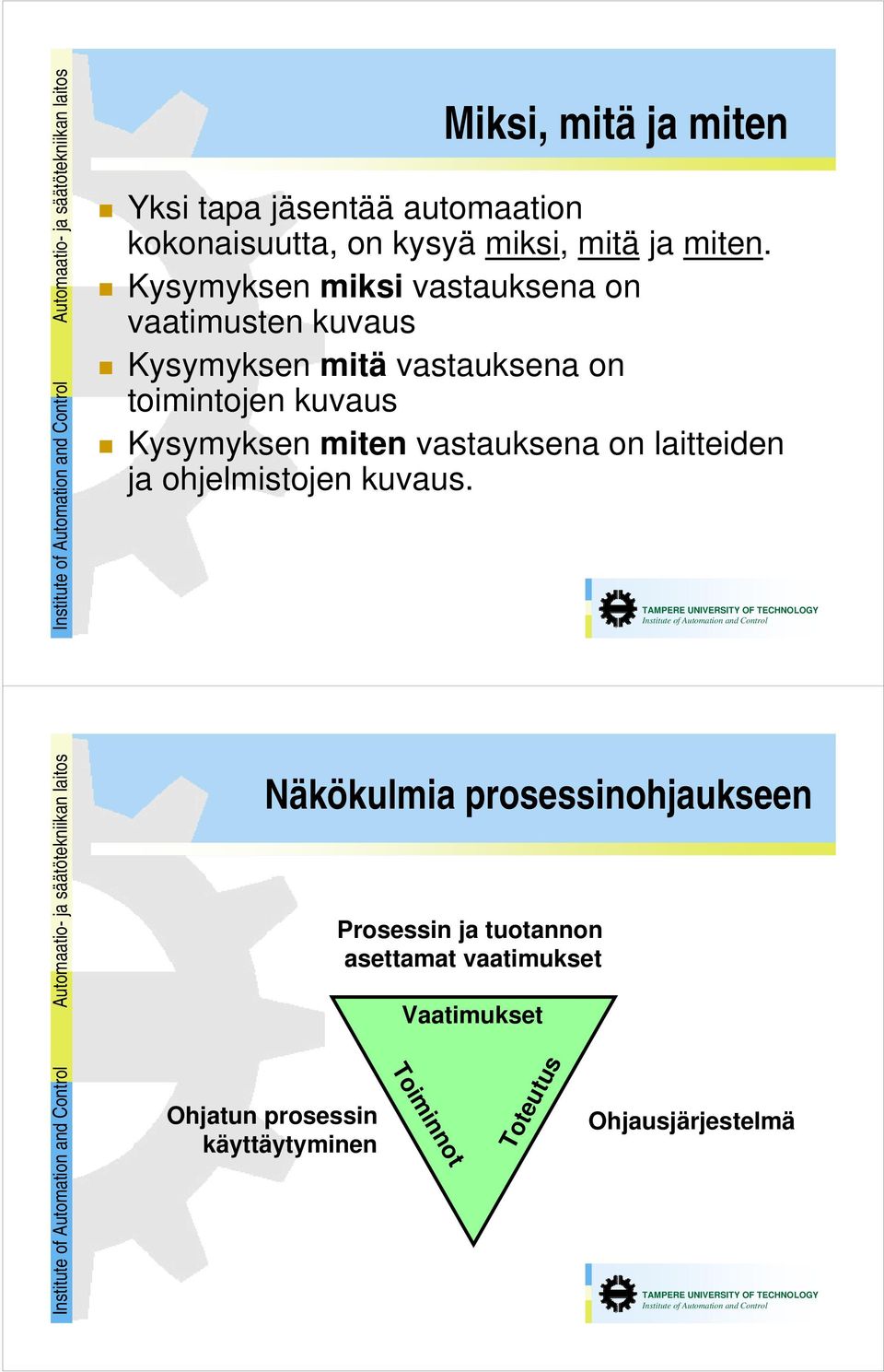 Kysymyksen miksi vastauksena on vaatimusten kuvaus Kysymyksen mitä vastauksena on toimintojen kuvaus Kysymyksen miten