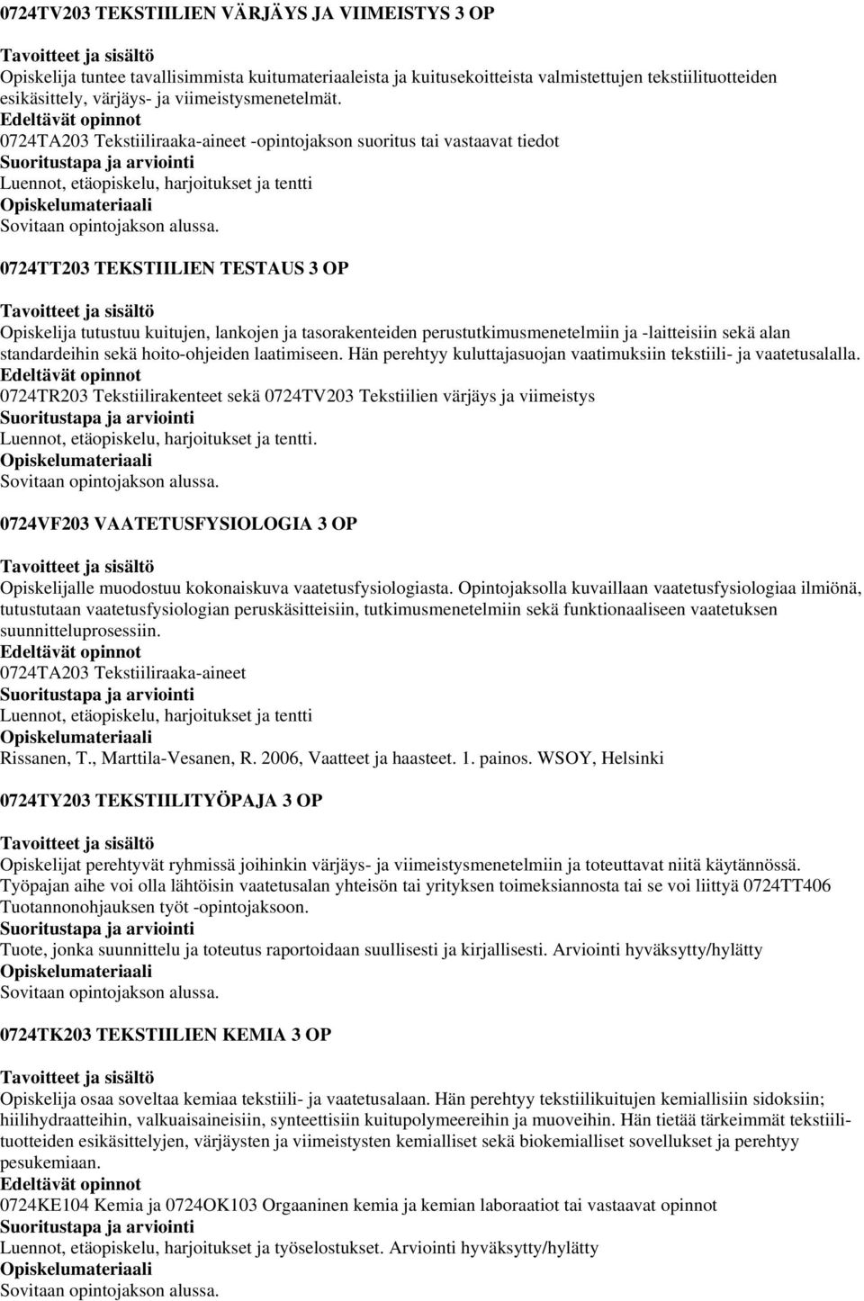 0724TA203 Tekstiiliraaka-aineet -opintojakson suoritus tai vastaavat tiedot Luennot, etäopiskelu, harjoitukset ja tentti 0724TT203 TEKSTIILIEN TESTAUS 3 OP Opiskelija tutustuu kuitujen, lankojen ja