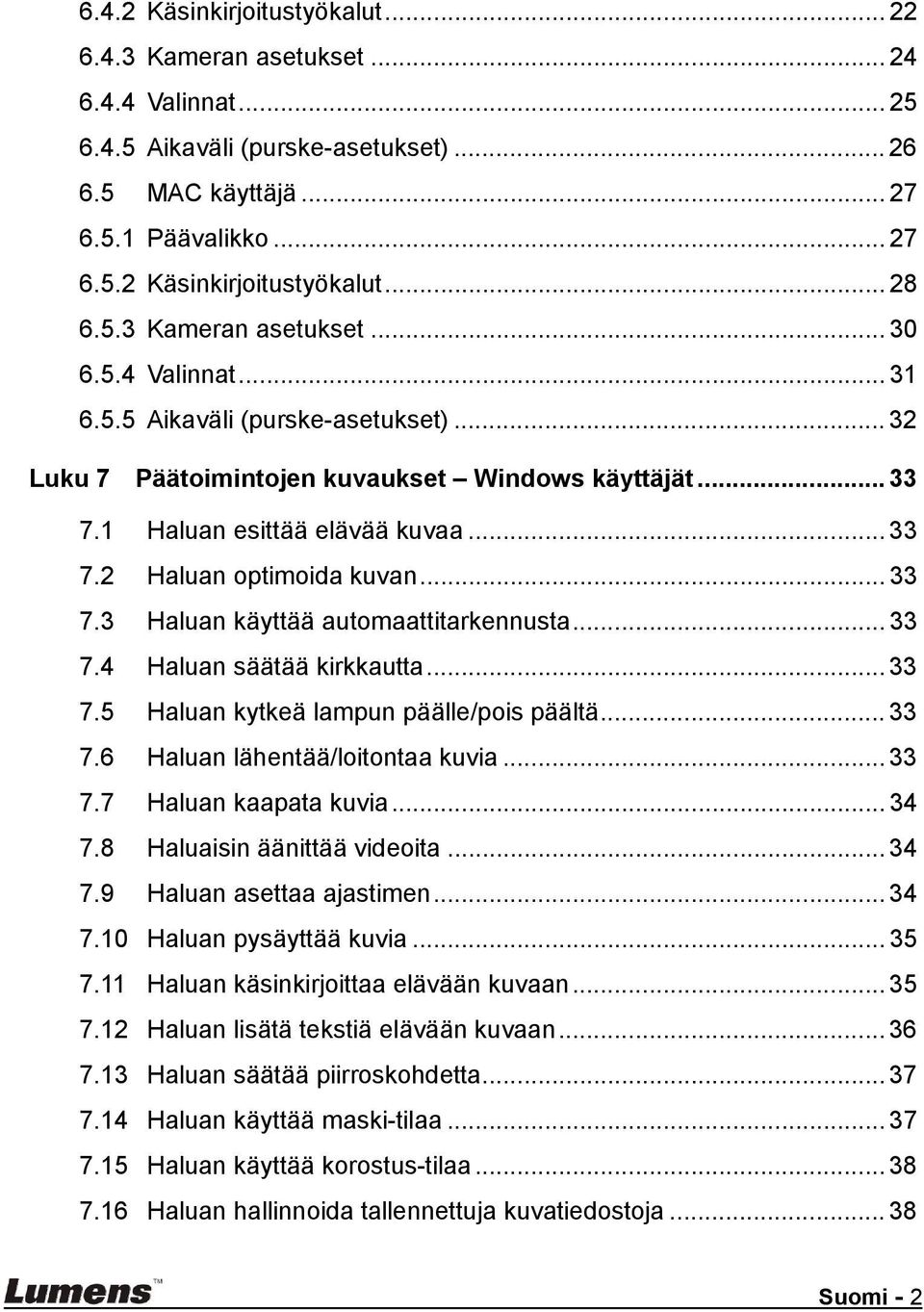 .. 33 7.3 Haluan käyttää automaattitarkennusta... 33 7.4 Haluan säätää kirkkautta... 33 7.5 Haluan kytkeä lampun päälle/pois päältä... 33 7.6 Haluan lähentää/loitontaa kuvia... 33 7.7 Haluan kaapata kuvia.