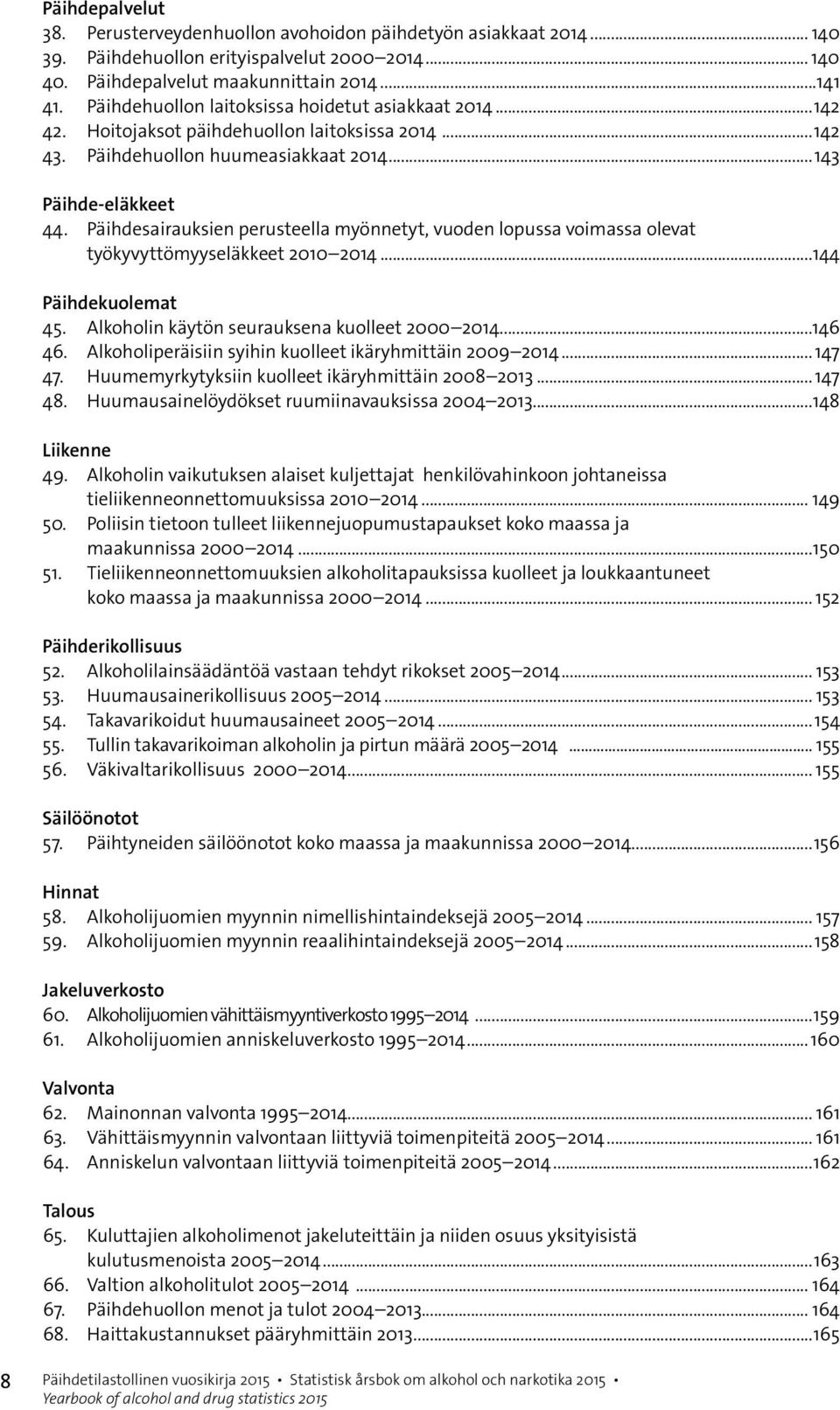 Päihdesairauksien perusteella myönnetyt, vuoden lopussa voimassa olevat työkyvyttömyyseläkkeet 2010 2014...144 Päihdekuolemat 45. Alkoholin käytön seurauksena kuolleet 2000 2014...146 46.