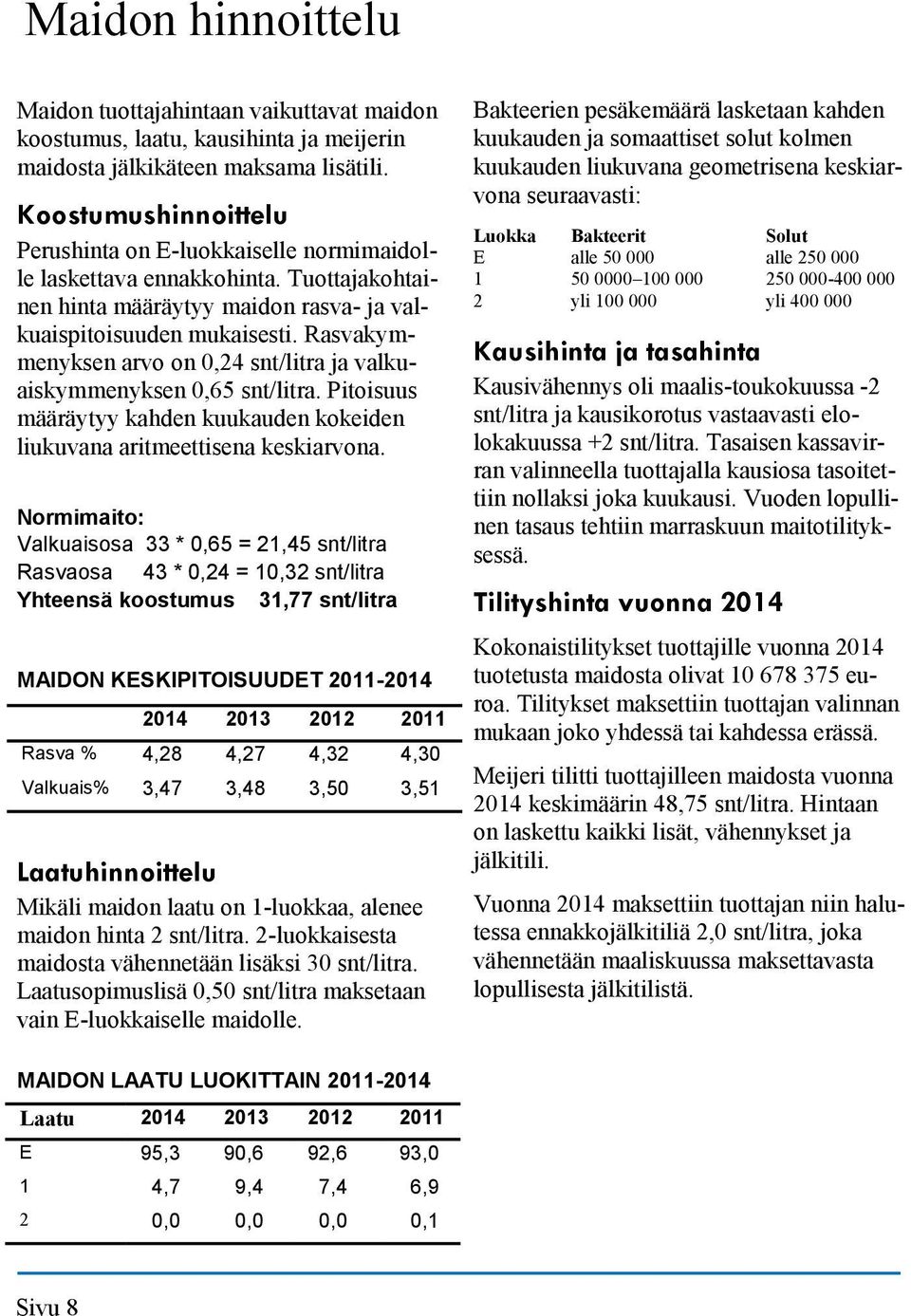 Rasvakymmenyksen arvo on 0,24 snt/litra ja valkuaiskymmenyksen 0,65 snt/litra. Pitoisuus määräytyy kahden kuukauden kokeiden liukuvana aritmeettisena keskiarvona.