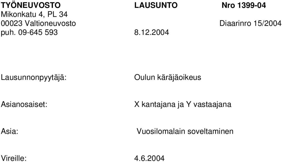 2004 Lausunnonpyytäjä: Oulun käräjäoikeus Asianosaiset: X