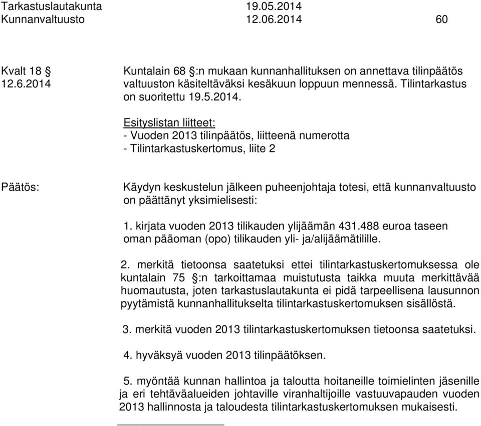 Esityslistan liitteet: - Vuoden 2013 tilinpäätös, liitteenä numerotta - Tilintarkastuskertomus, liite 2 Käydyn keskustelun jälkeen puheenjohtaja totesi, että kunnanvaltuusto on päättänyt