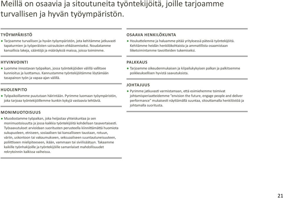Noudatamme kansallisia lakeja, sääntöjä ja määräyksiä maissa, joissa toimimme. HYVINVOINTI Luomme innostavan työpaikan, jossa työntekijöiden välillä vallitsee kunnioitus ja luottamus.