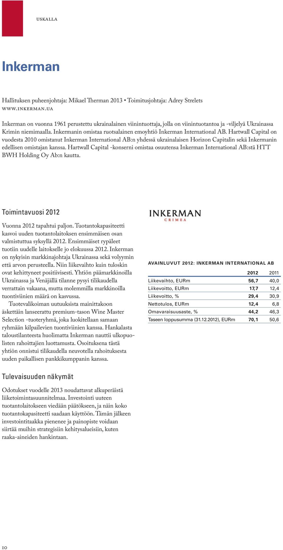 Inkermanin omistaa ruotsalainen emoyhtiö Inkerman International AB.