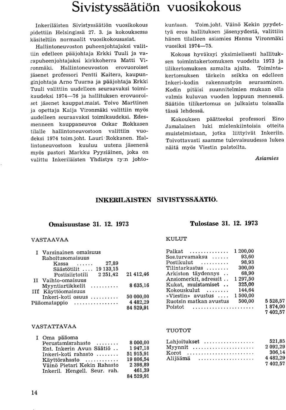 Pentti Kaitera, kaupunginjohtaja Arno Tuurna ja paajohtaja Erkki Tuuli valittiin uudelleen seuraavaksi toimikaudeksi 1974 76 ja hallituksen erovuoroiset jasenet kauppat.maist.