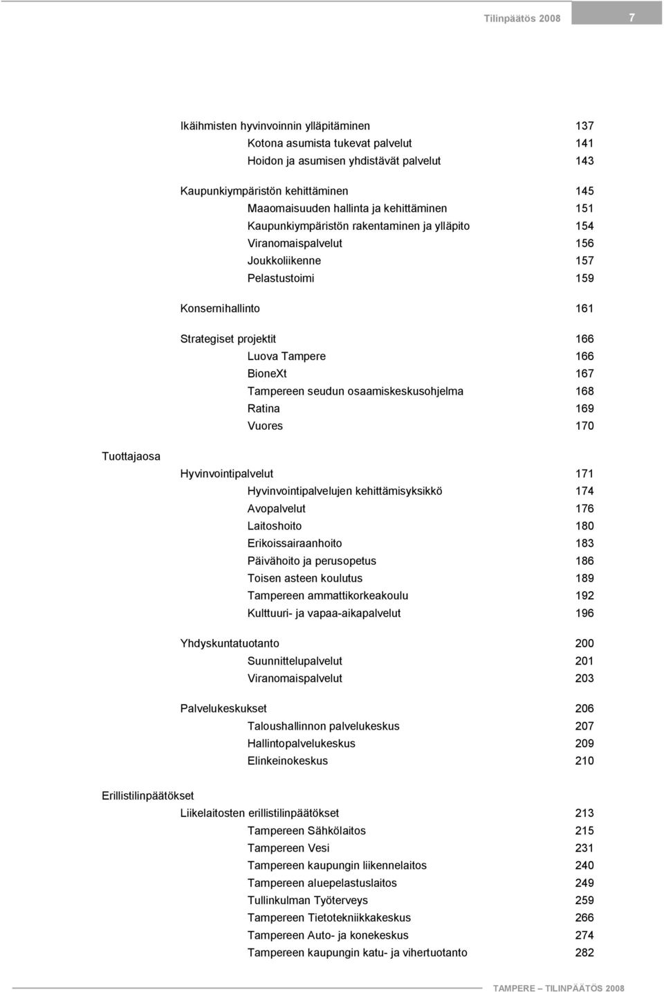 166 BioneXt 167 Tampereen seudun osaamiskeskusohjelma 168 Ratina 169 Vuores 170 Tuottajaosa Hyvinvointipalvelut 171 Hyvinvointipalvelujen kehittämisyksikkö 174 Avopalvelut 176 Laitoshoito 180