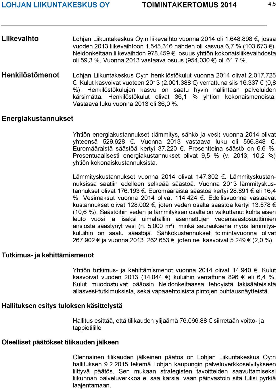 Henkilöstömenot Lohjan Liikuntakeskus Oy:n henkilöstökulut vuonna 2014 olivat 2.017.725. Kulut kasvoivat vuoteen 2013 (2.001.388 ) verrattuna siis 16.337 (0,8 %).