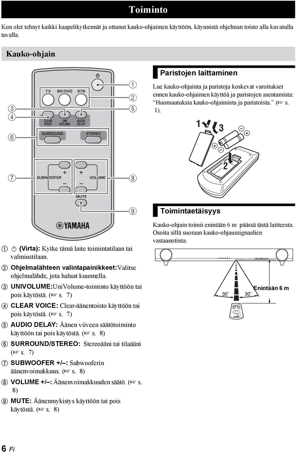 paristoista. ( s. 1). 1 3 7 8 2 9 Toimintaetäisyys 1 (Virta): Kytke tämä laite toimintatilaan tai valmiustilaan. 2 Ohjelmalähteen valintapainikkeet:valitse ohjelmalähde, jota haluat kuunnella.
