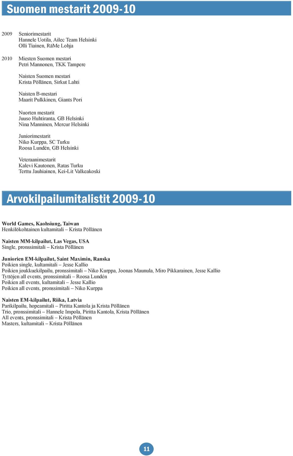 Lundén, GB Helsinki Veteraanimestarit Kalevi Kautonen, Ratas Turku Terttu Jauhiainen, Kei-Lit Valkeakoski Arvokilpailumitalistit 2009-10 World Games, Kaohsiung, Taiwan Henkilökohtainen kultamitali