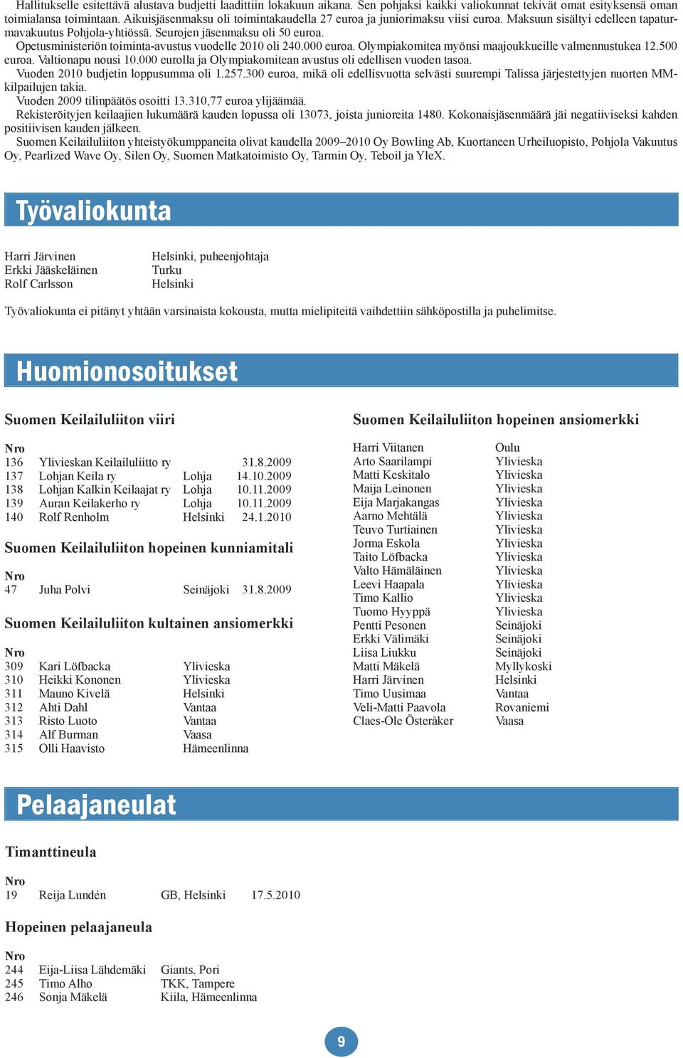 Opetusministeriön toiminta-avustus vuodelle 2010 oli 240.000 euroa. Olympiakomitea myönsi maajoukkueille valmennustukea 12.500 euroa. Valtionapu nousi 10.