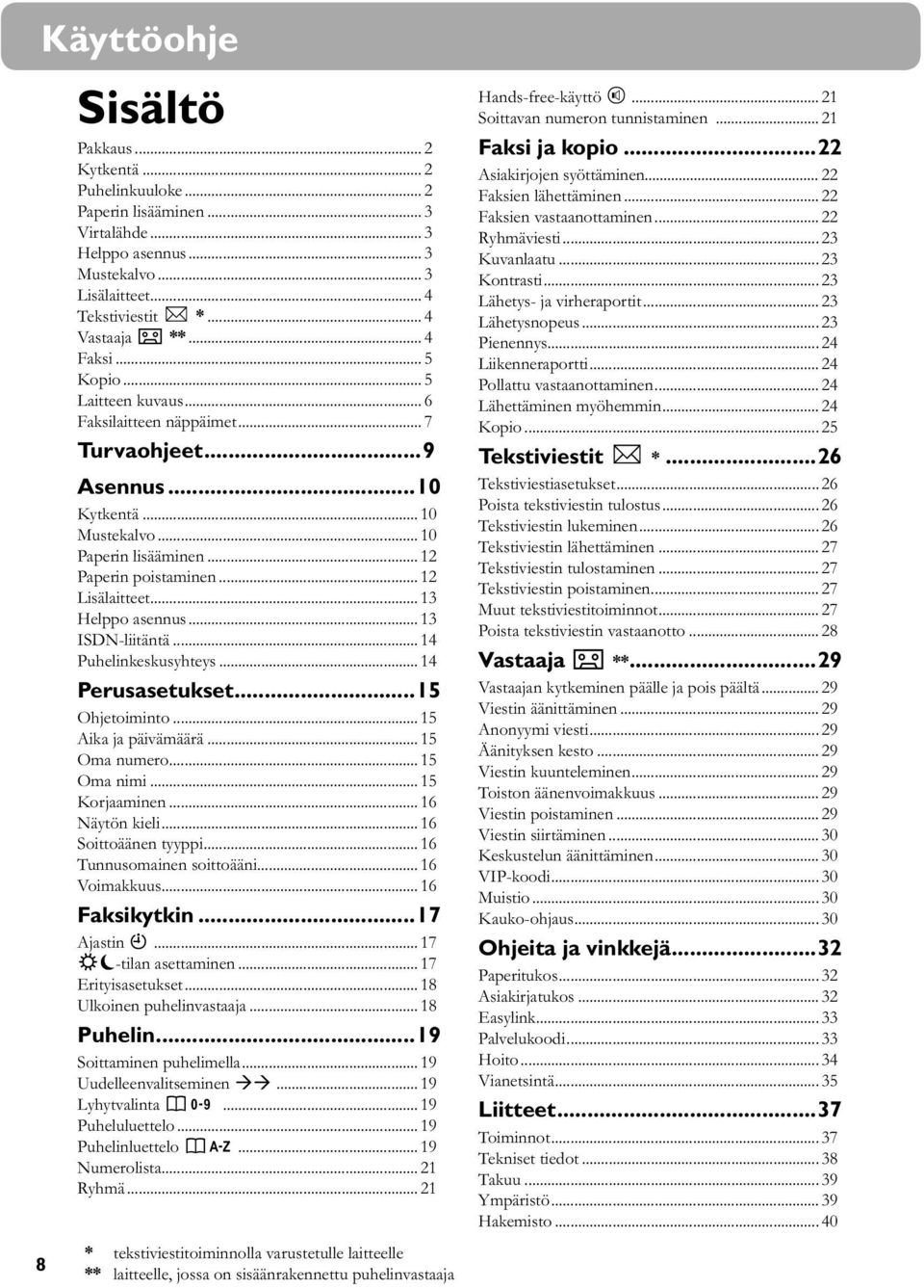 .. 13 Helppo asennus... 13 ISDN-liitäntä... 14 Puhelinkeskusyhteys... 14 Perusasetukset...15 Ohjetoiminto... 15 Aika ja päivämäärä... 15 Oma numero... 15 Oma nimi... 15 Korjaaminen... 16 Näytön kieli.