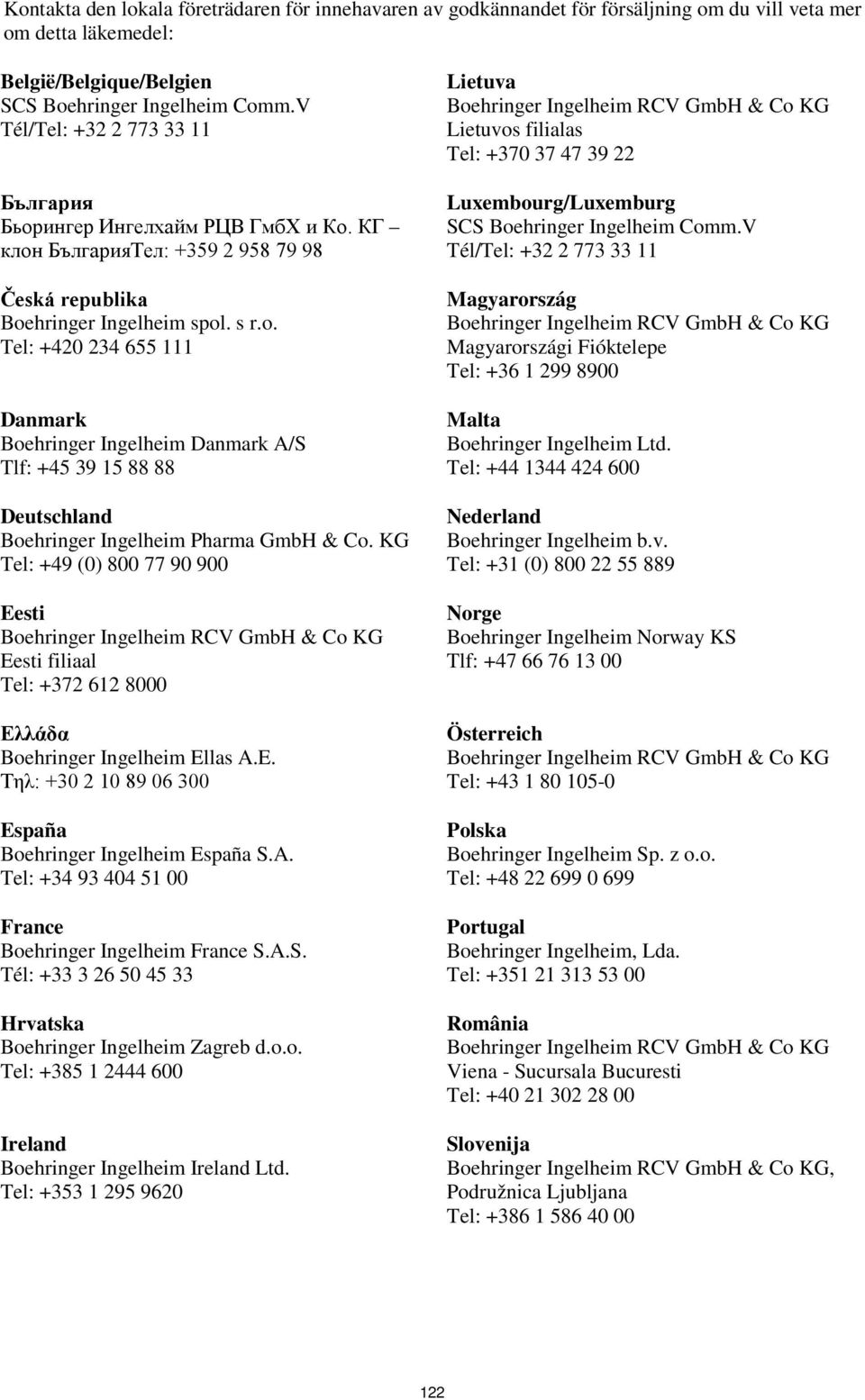 hringer Ingelheim spol. s r.o. Tel: +420 234 655 111 Danmark Boehringer Ingelheim Danmark A/S Tlf: +45 39 15 88 88 Deutschland Boehringer Ingelheim Pharma GmbH & Co.