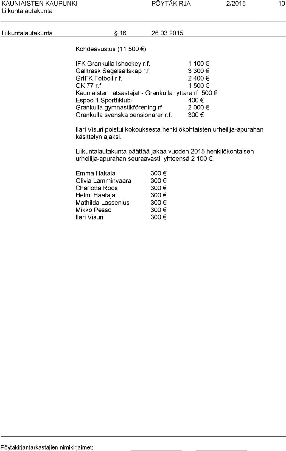 päättää jakaa vuoden 2015 henkilökohtaisen urheilija-apurahan seuraavasti, yhteensä 2 100 : Emma Hakala 300 Olivia Lamminvaara 300 Charlotta Roos 300 Helmi