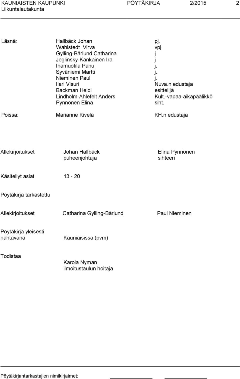 -vapaa-aikapäälikkö Pynnönen Elina siht. Poissa: Marianne Kivelä KH.