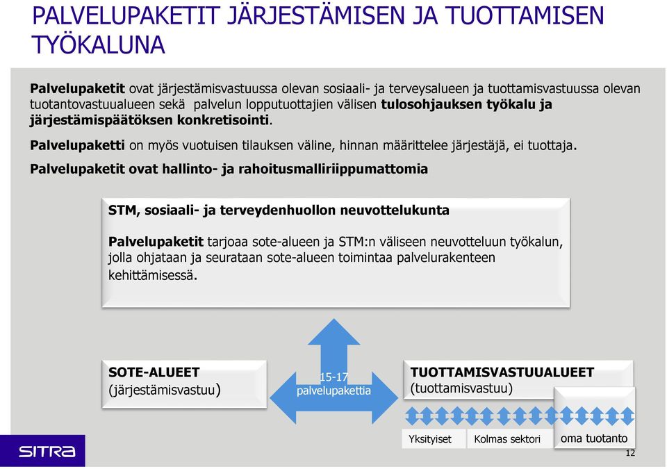 Palvelupaketit ovat hallinto- ja rahoitusmalliriippumattomia STM, sosiaali- ja terveydenhuollon neuvottelukunta Palvelupaketit tarjoaa sote-alueen ja STM:n väliseen neuvotteluun työkalun, jolla