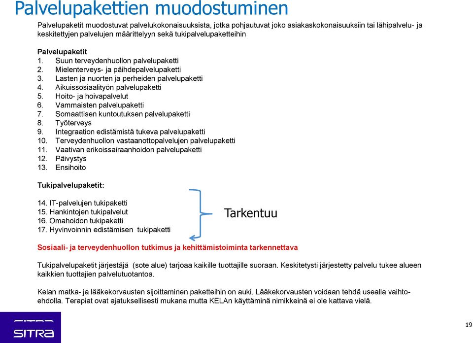 Aikuissosiaalityön palvelupaketti 5. Hoito- ja hoivapalvelut 6. Vammaisten palvelupaketti 7. Somaattisen kuntoutuksen palvelupaketti 8. Työterveys 9. Integraation edistämistä tukeva palvelupaketti 10.