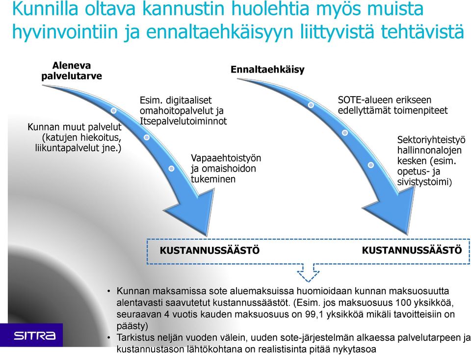 kustannustason lähtökohtana on realistisinta pitää nykytasoa Kunnilla oltava kannustin huolehtia myös muista hyvinvointiin ja ennaltaehkäisyyn liittyvistä tehtävistä Aleneva palvelutarve