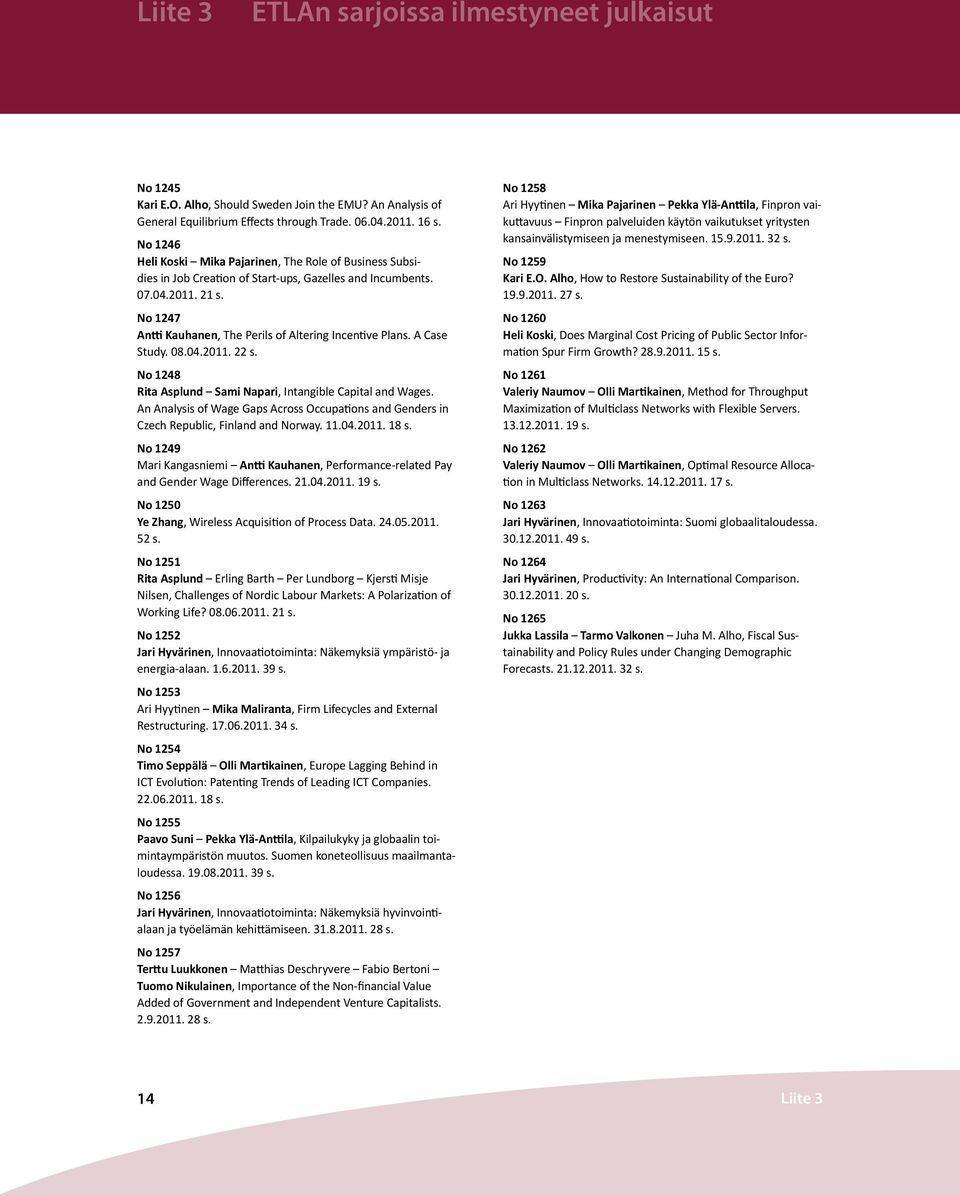 No 1247 Antti Kauhanen, The Perils of Altering Incentive Plans. A Case Study. 08.04.2011. 22 s. No 1248 Rita Asplund Sami Napari, Intangible Capital and Wages.