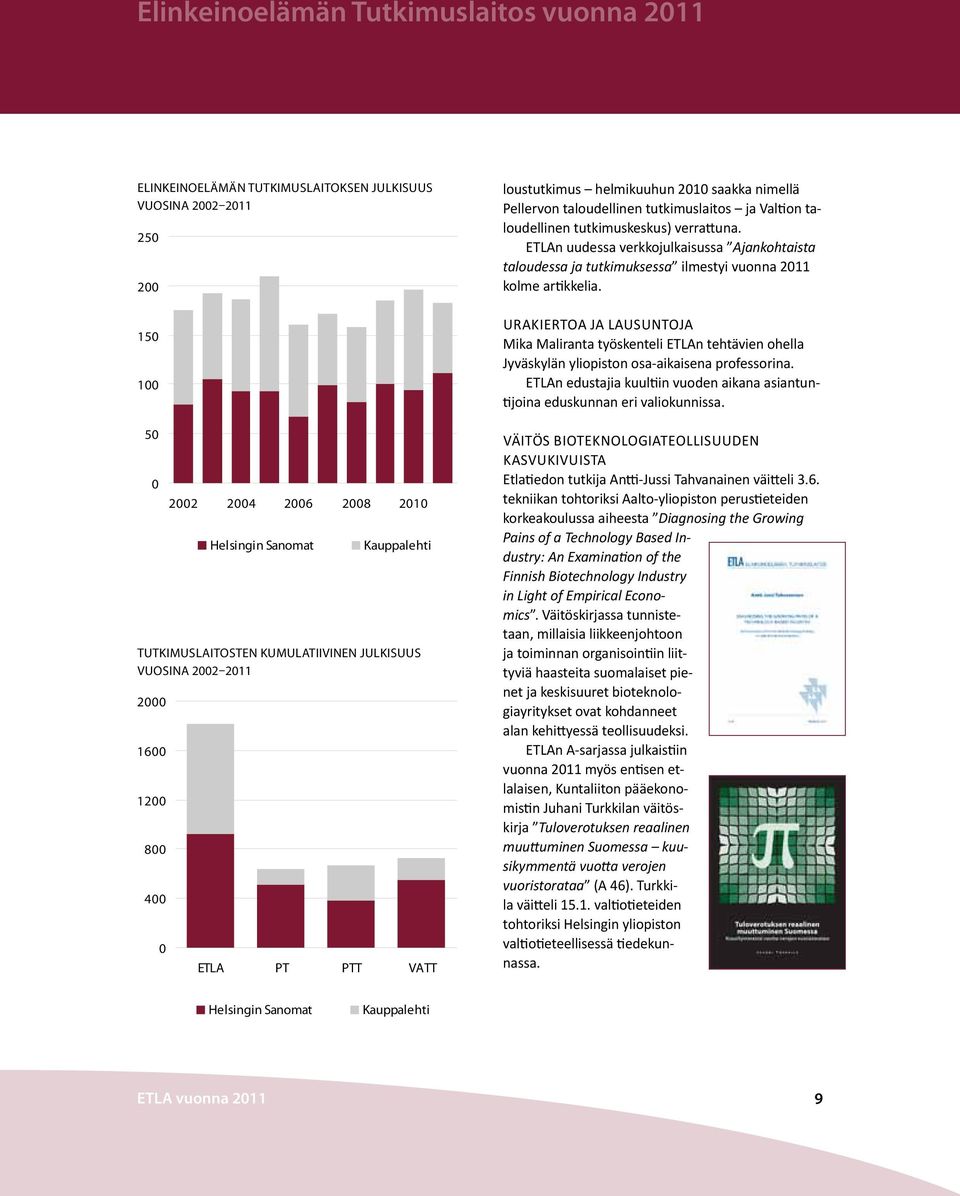 tutkimuskeskus) verrattuna. ETLAn uudessa verkkojulkaisussa Ajankohtaista taloudessa ja tutkimuksessa ilmestyi vuonna 2011 kolme artikkelia.