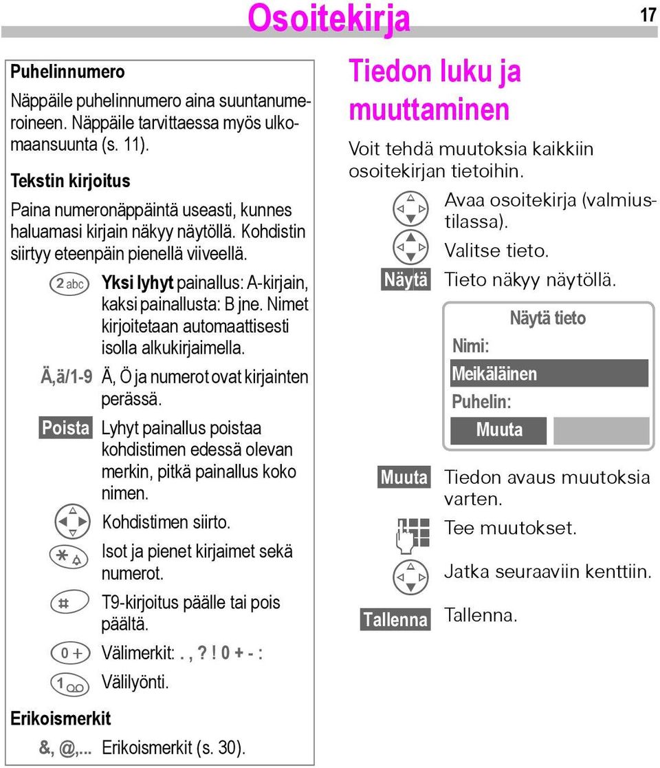 Nimet kirjoitetaan automaattisesti isolla alkukirjaimella. Ä,ä/1-9 Ä, Ö ja numerot ovat kirjainten perässä. Poista Lyhyt painallus poistaa kohdistimen edessä olevan merkin, pitkä painallus koko nimen.