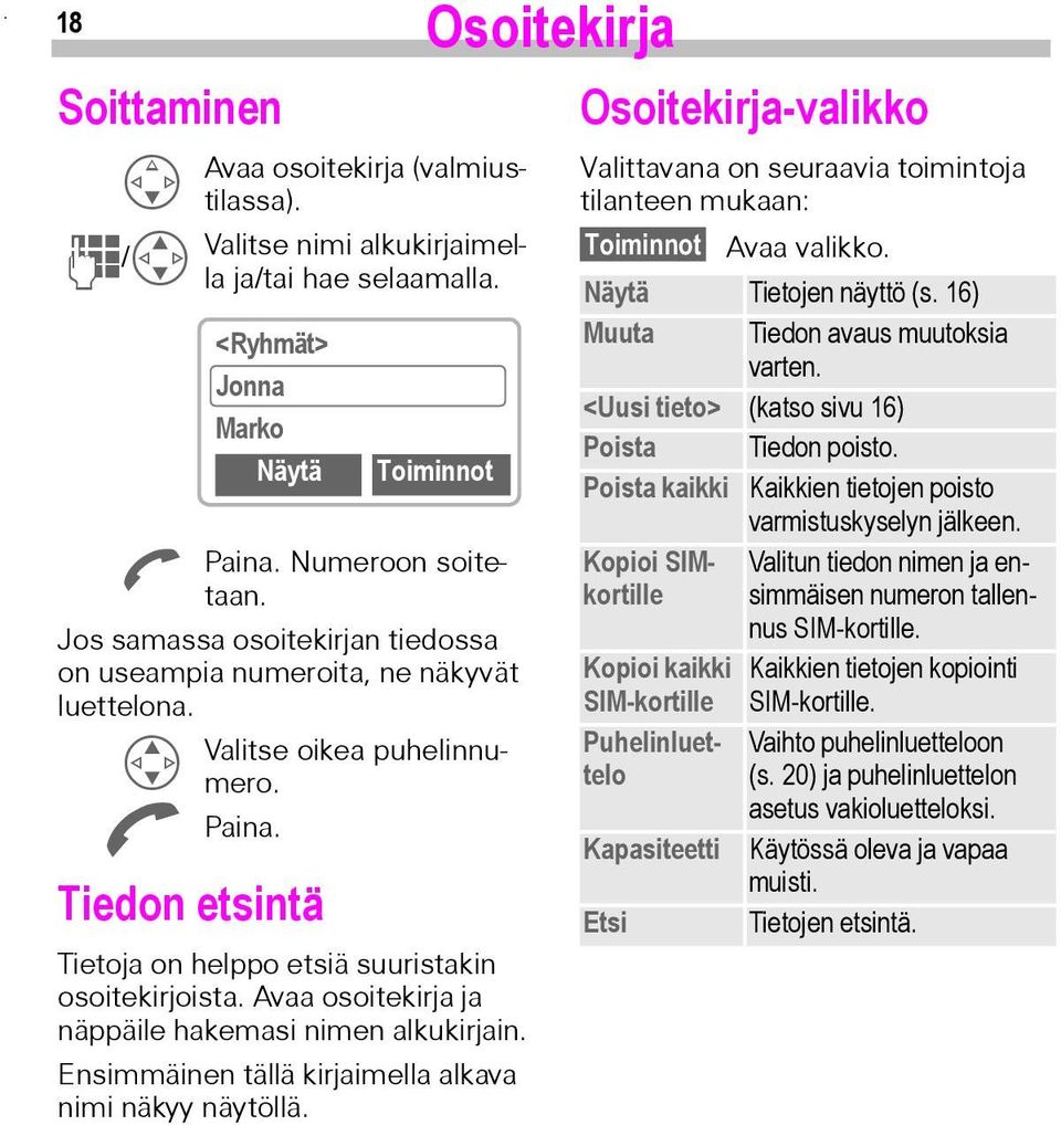 Avaa osoitekirja ja näppäile hakemasi nimen alkukirjain. Ensimmäinen tällä kirjaimella alkava nimi näkyy näytöllä.