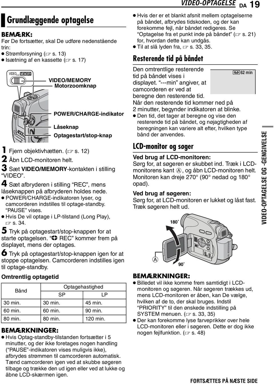 POWER/CHARGE-indikatoren lyser, og camcorderen indstilles til optage-standby. PAUSE vises. Hvis De vil optage i LP-tilstand (Long Play), s. 34.