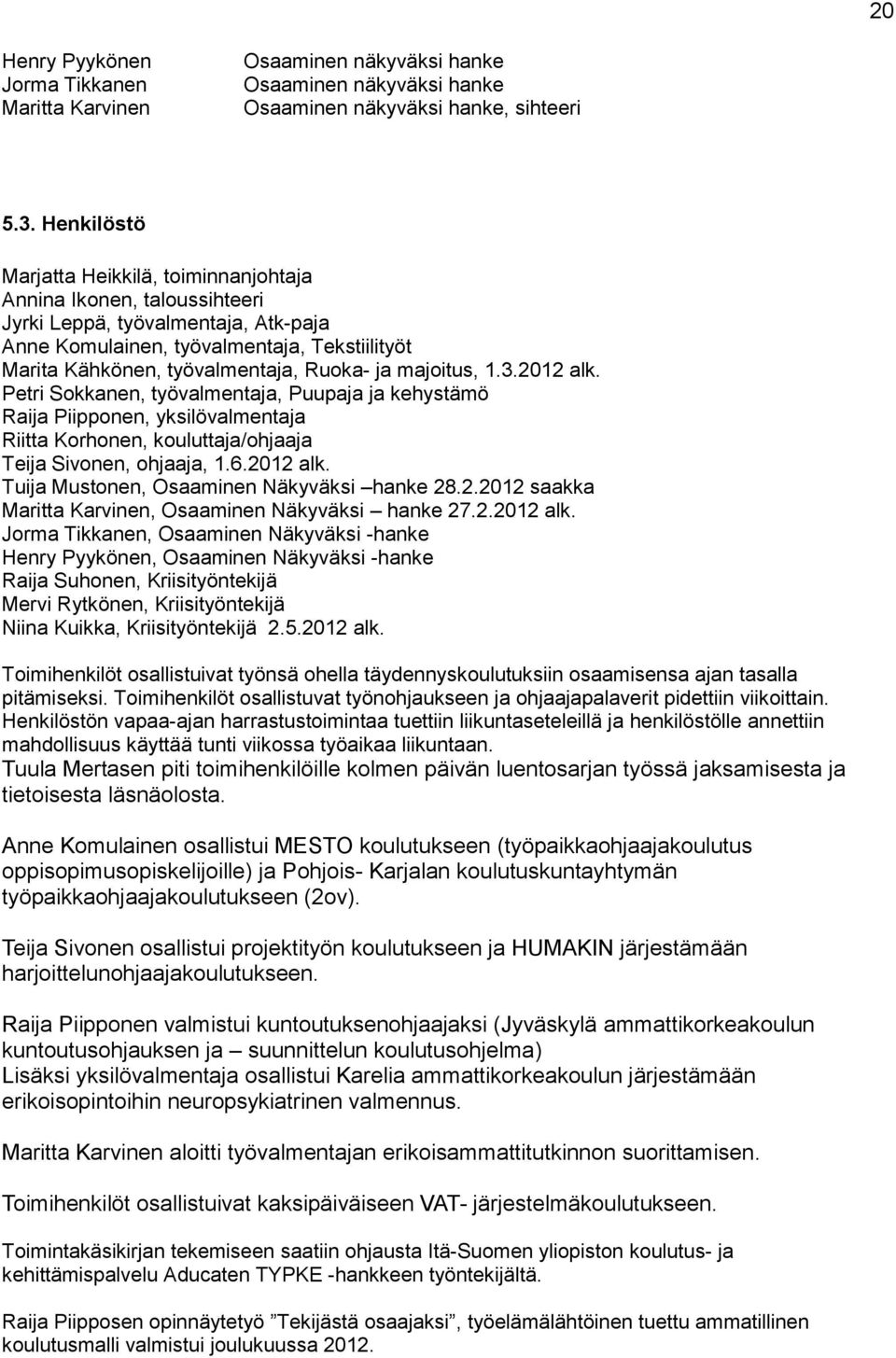 ja majoitus, 1.3.2012 alk. Petri Sokkanen, työvalmentaja, Puupaja ja kehystämö Raija Piipponen, yksilövalmentaja Riitta Korhonen, kouluttaja/ohjaaja Teija Sivonen, ohjaaja, 1.6.2012 alk. Tuija Mustonen, Osaaminen Näkyväksi hanke 28.