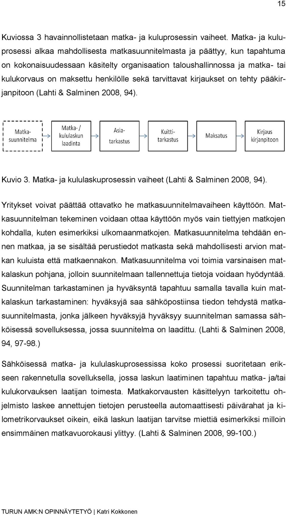 henkilölle sekä tarvittavat kirjaukset on tehty pääkirjanpitoon (Lahti & Salminen 2008, 94). Kuvio 3. Matka- ja kululaskuprosessin vaiheet (Lahti & Salminen 2008, 94).