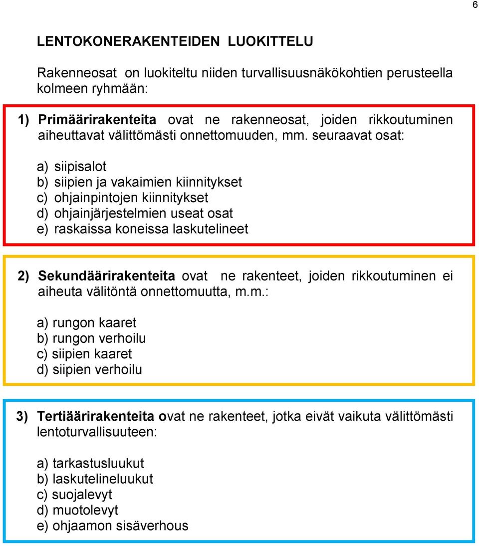 seuraavat osat: a) siipisalot b) siipien ja vakaimien kiinnitykset c) ohjainpintojen kiinnitykset d) ohjainjärjestelmien useat osat e) raskaissa koneissa laskutelineet 2)