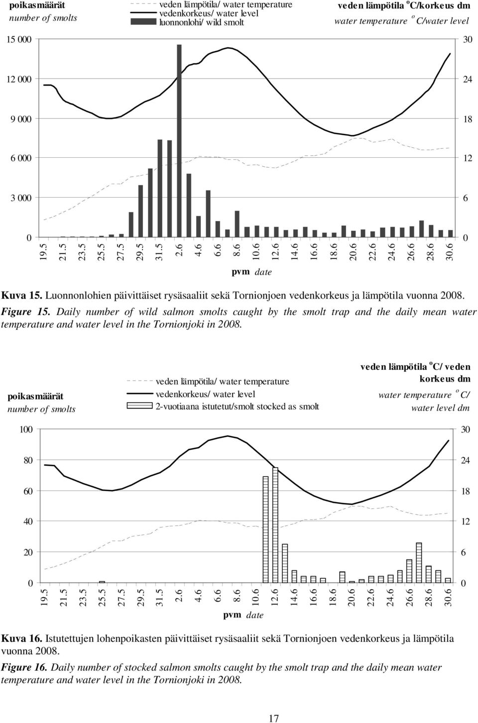 Luonnonlohien päivittäiset rysäsaaliit sekä Tornionjoen vedenkorkeus ja lämpötila vuonna 28. Figure 15.