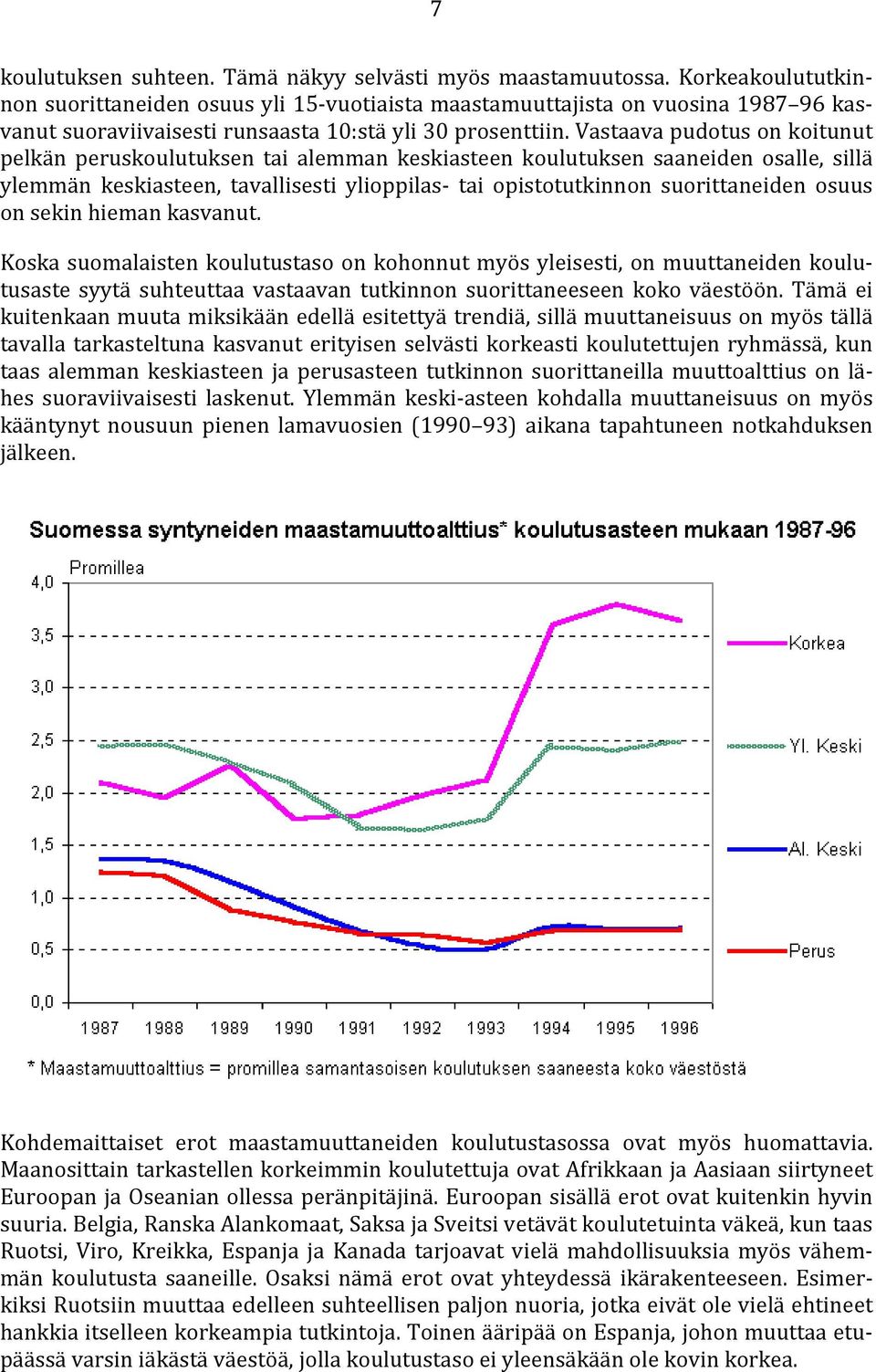 Vastaava pudotus on koitunut pelkän peruskoulutuksen tai alemman keskiasteen koulutuksen saaneiden osalle, sillä ylemmän keskiasteen, tavallisesti ylioppilas- tai opistotutkinnon suorittaneiden osuus