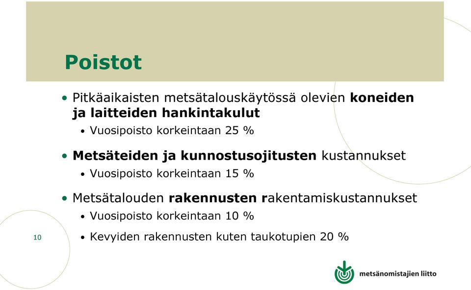 kustannukset Vuosipoisto korkeintaan 15 % Metsätalouden rakennusten