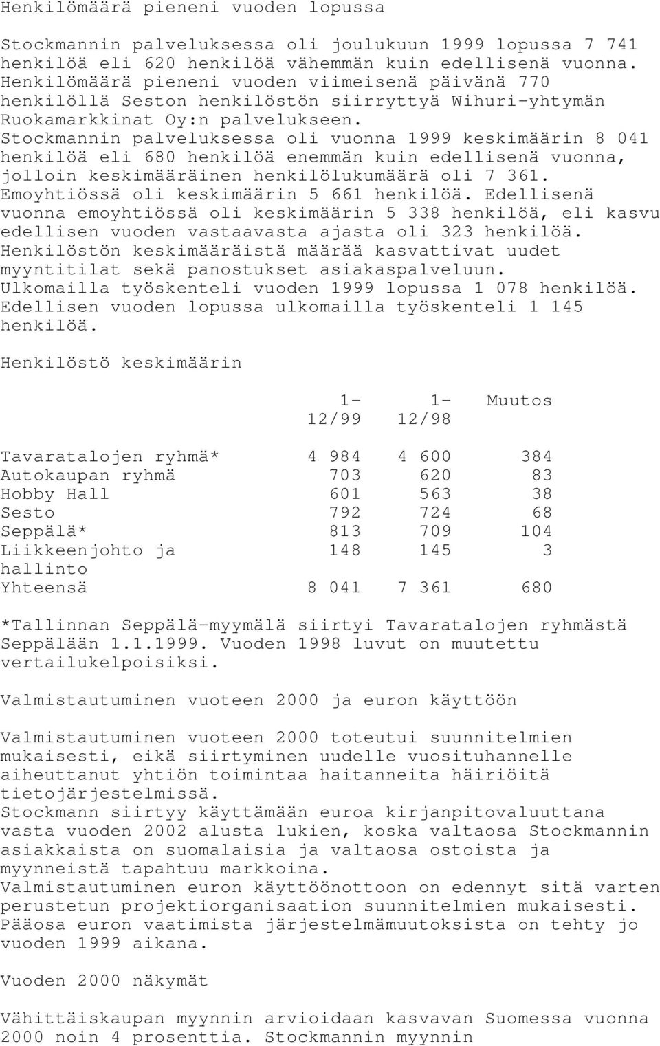 Stockmannin palveluksessa oli vuonna 1999 keskimäärin 8 041 henkilöä eli 680 henkilöä enemmän kuin edellisenä vuonna, jolloin keskimääräinen henkilölukumäärä oli 7 361.